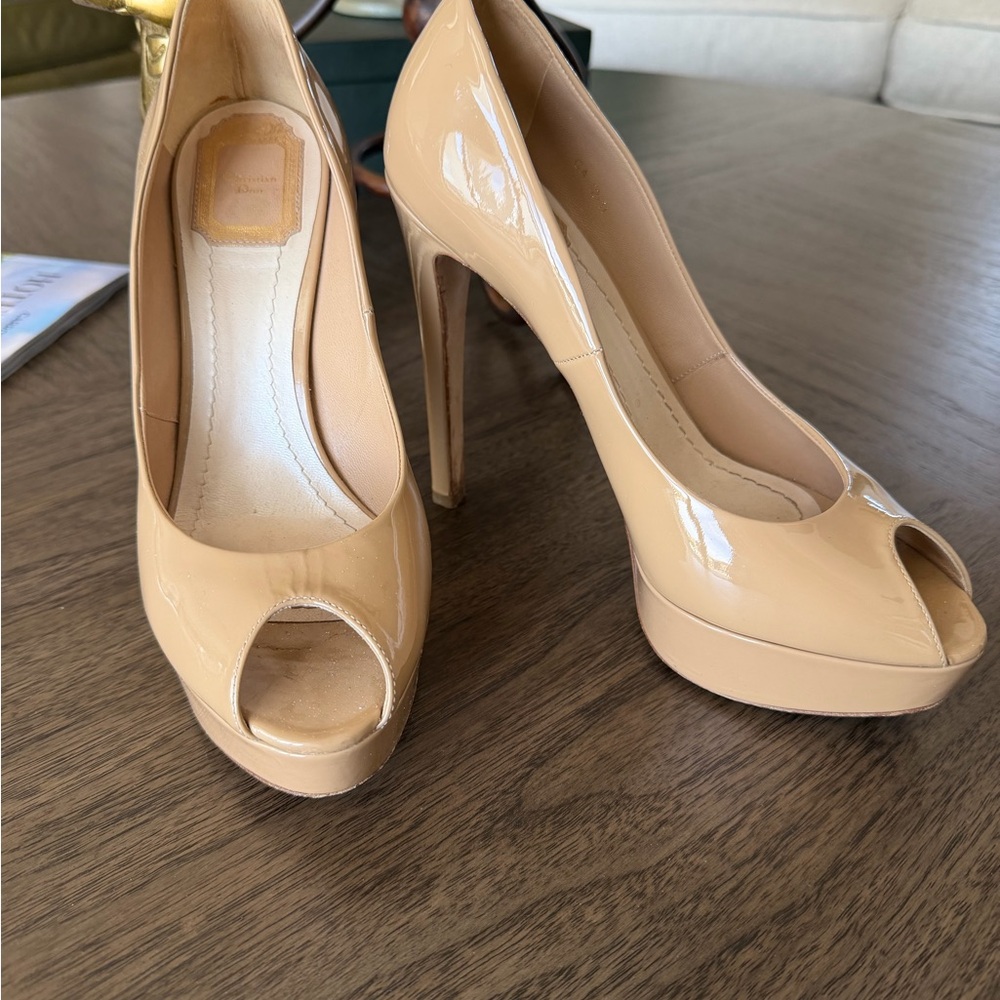 Dior Miss Dior Peep Toe Nude Patent Leather Heels Size 39